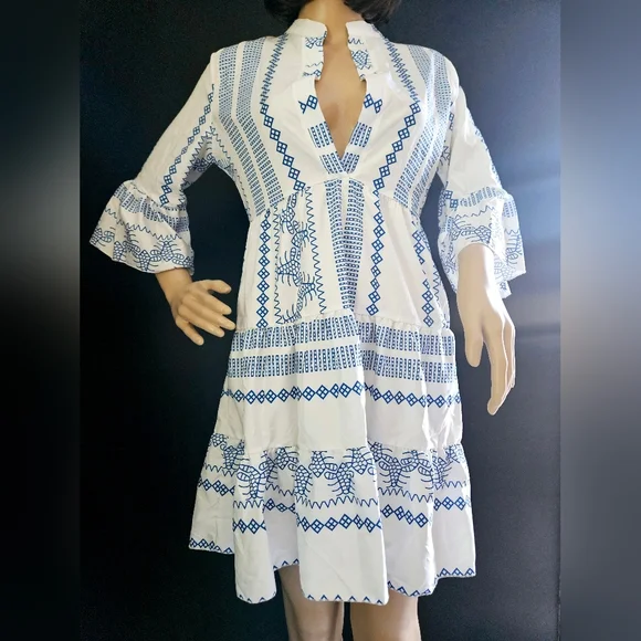 NWOT White and Blue Flounce Sleeve Tiered Dress Cover Up XS S - Picture 1 of 2